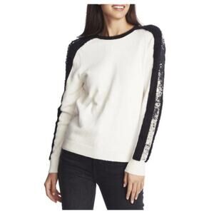 1.STATE Sequin Sleeve Stripe Cotton Blend Crewneck Sweater Cream Size L